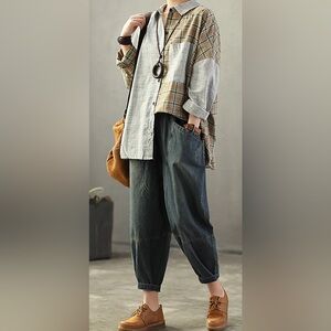 Plus Size Vintage Loose Elastic Waist Spliced Distressed Denim Jeans